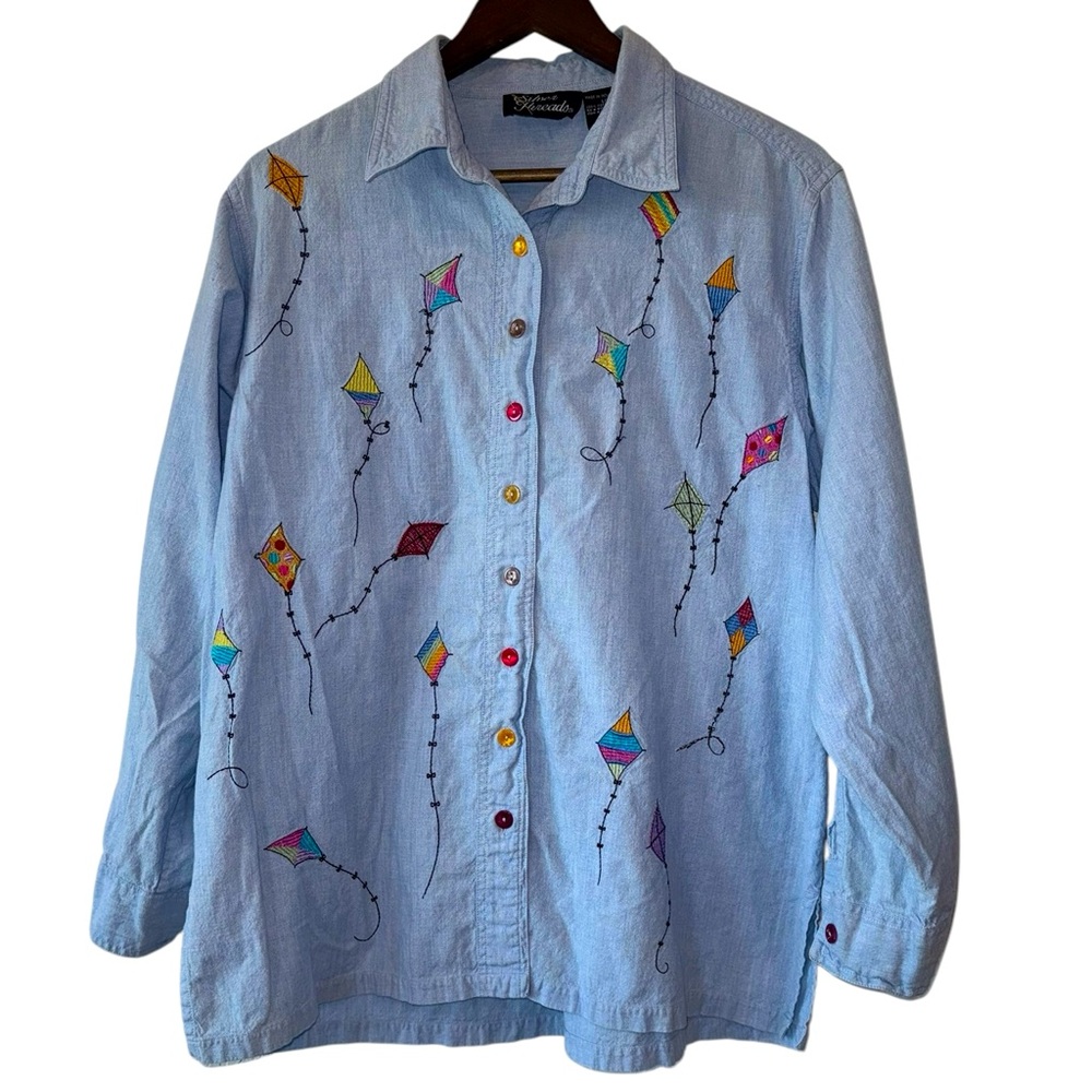 Vintage Silver Threads Colorful Embroidered Kite Chambray Button Up